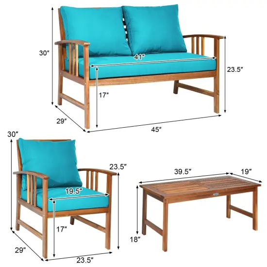 4 Pieces Wooden Patio Furniture Set Table Sofa Chair Cushioned Garden Turquoise {4}