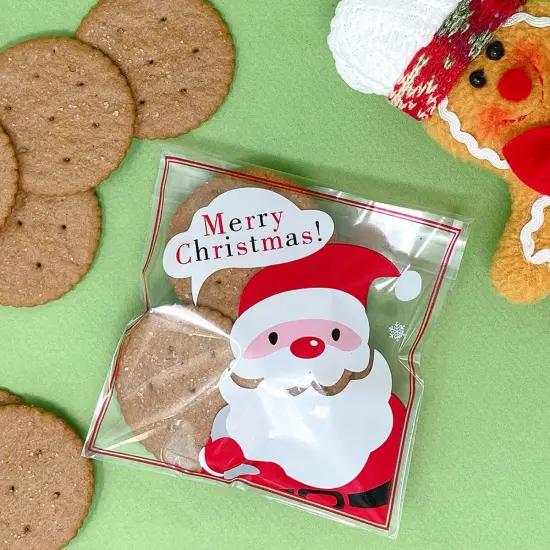 Wrapables Transparent Self-Adhesive 4" x 4" Candy and Cookie Bags, Favor Treat Bags for Christmas Parties and Holidays (200pcs) Snow Falling Santa {12}