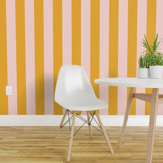 Peel & Stick Wallpaper 2FT Wide Pink Bold Stripe Yellow Coastal Beach Citrus Lemon Candy Large Scale Custom Removable Wallpaper by Spoonflower {1}