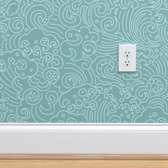 Pre-Pasted Wallpaper 2FT Wide Blue Large Scale Waves Clouds Beach Coastal Teal Ocean Pop Art Modern Whimsical Custom Pre-pasted Wallpaper by Spoonflower {4}