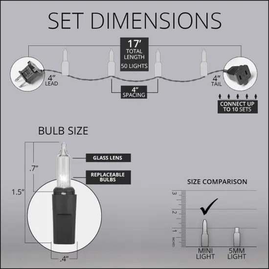 50 Clear Mini Lights, Green Wire, 4" Spacing {3}