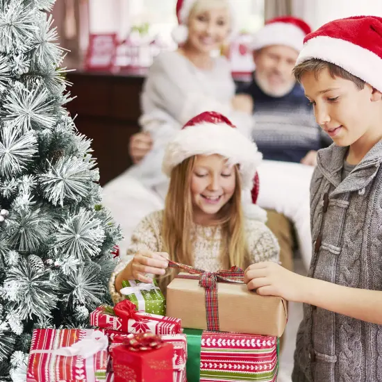 Costway 8ft Snow Flocked Christmas Tree Glitter Tips w/ Pine Cone & Red Berries {2}