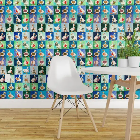 Pre-Pasted Wallpaper 2FT Wide Blue Birds Animals Whimsical Books Ducks Watercolor Book Covers Reading Group Duck Readers Library Lover Large Scale Custom Pre-pasted Wallpaper by Spoonflower {1}