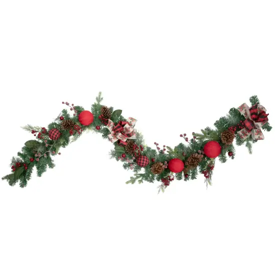 Northlight 6' Green Pine Artificial Christmas Garland with Plaid Ornaments and Bows {1}
