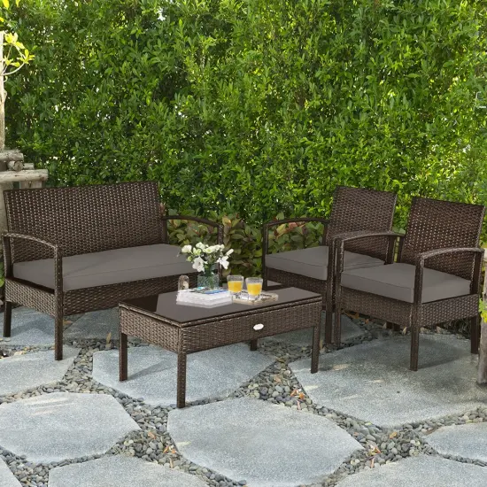 4 Pieces Patio Rattan Cushioned Furniture Set with Loveseat and Table Brown {6}