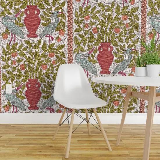 Pre-Pasted Wallpaper 2FT Wide Birds Stone Fruit Art Deco Lemon Crane Heron Peaches Arts And Crafts Amphora Tree Faux Mosaic Large Scale Custom Pre-pasted Wallpaper by Spoonflower {1}