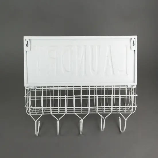 Weathered White Enamelware Laundry Hanging Shelf With Wall Hooks {4}