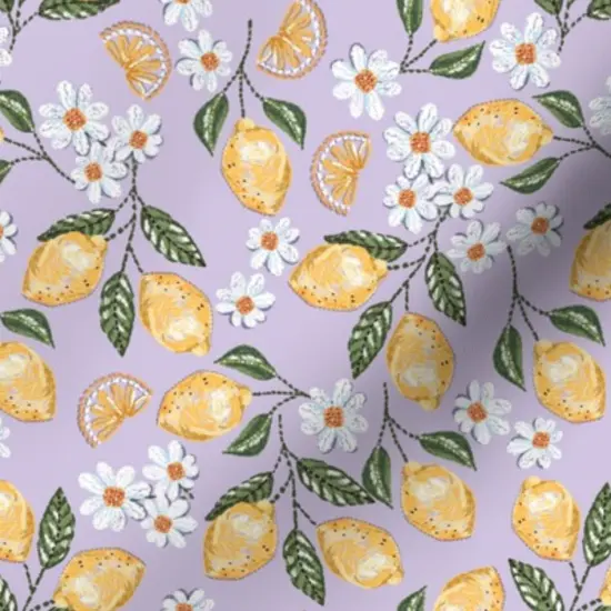 Various Fabrics by the Yard or Fat Quarter Lemonade Yellow And Purple Small Scale Summer Fruit Lemon Floral Daisy Flower Lemons Lavender Custom Printed Fabric by Spoonflower {7}