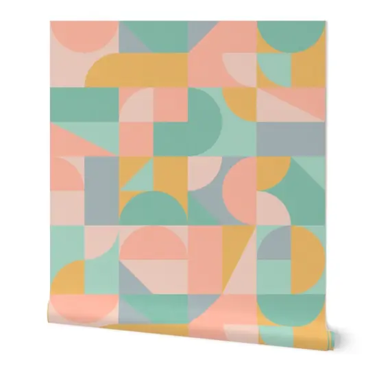 Peel & Stick Wallpaper 2FT Wide Pastel Mod Mint Retro Abstract Gold Green Mcm Blush Pink Shapes Vintage Style Custom Removable Wallpaper by Spoonflower {7}