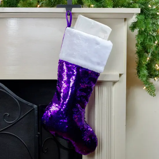 Northlight 23" Purple and Silver Reversible Sequined Christmas Stocking with Faux Fur Cuff {3}
