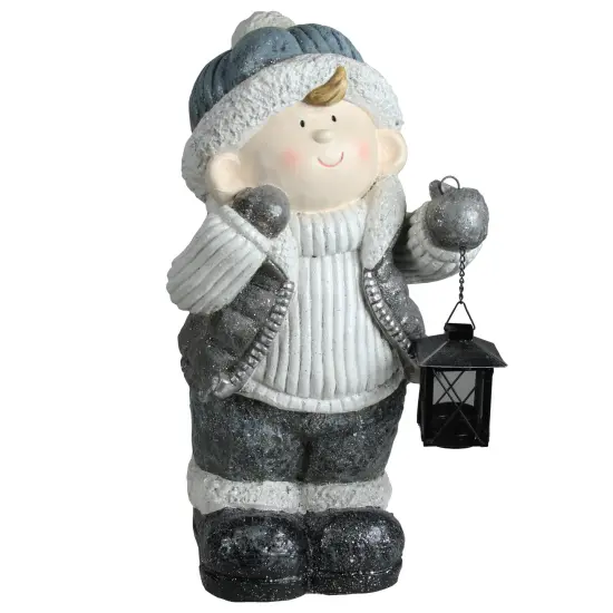 Northlight Little Boy Holding a Tea Light Lantern Christmas Figure - 18.5" - White and Gray {1}