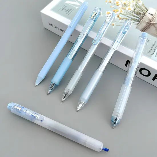 Wrapables Retractable Rollerball Pens and Highlighter Set, 0.5mm Black Gel Ink Pens for Home, Office, Stationery (Set of 6) Blue {4}