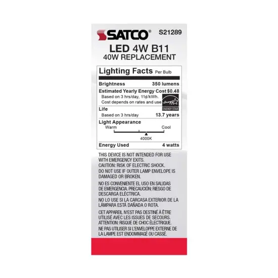 6Pk - Satco 4w B11 LED 4000K Medium Base Frosted Dimmable - 40w equiv Cool White {6}