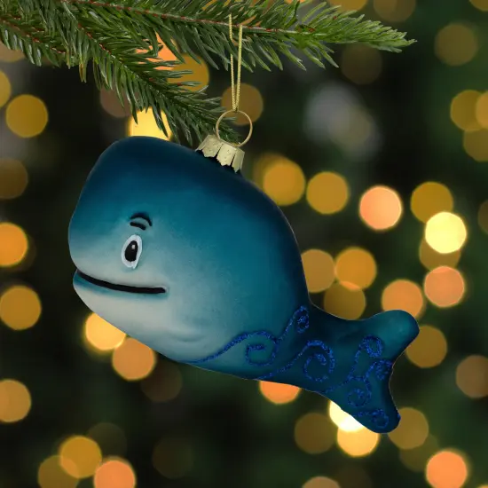 Northlight Glittered Whale Glass Christmas Ornament - 4" - Teal Blue {3}
