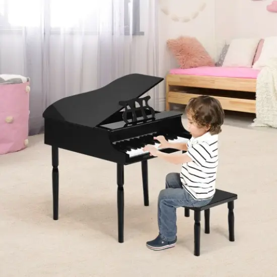 30-Key Wood Toy Kids Grand Piano with Bench and Music Rack Black {2}