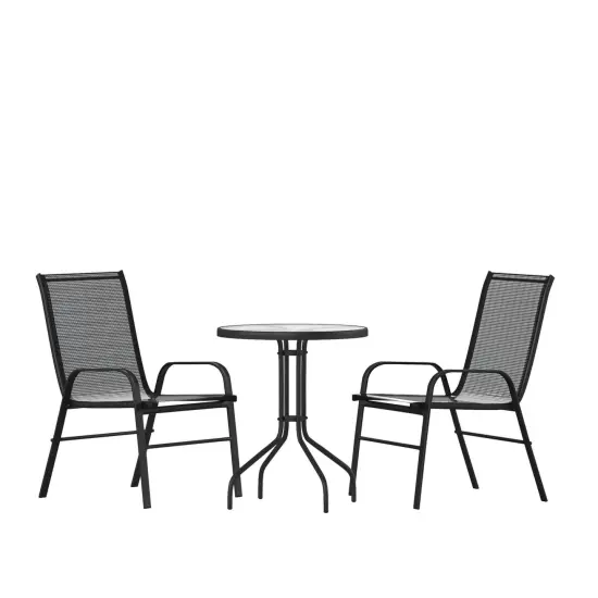Emma and Oliver Three Piece Patio Table Set with Round Metal Frame Table with Tempered Glass Top and Two Flex Comfort Stacking Chairs Gray {6}