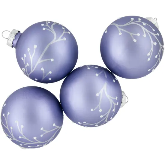 Northlight Matte Glass Ball Christmas Ornaments with Branch Design - 2.5" (60mm) - Purple - 4ct {4}