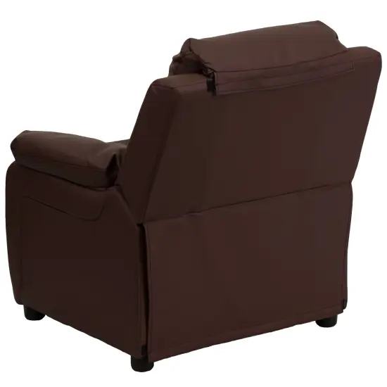 Emma and Oliver Deluxe Padded Contemporary Kids Recliner with Storage Arms Brown LeatherSoft {4}