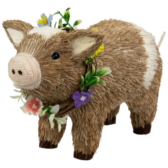 Northlight Boy Piglet with Floral Wreath Spring Figurine - 10.25" - Brown and Beige {5}