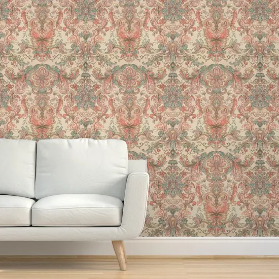Peel & Stick Wallpaper 2FT Wide Pink Florla Teal Wallpaper Angels Italian Coral Baroque Ancient Acanthus Rococo Rosette Large Scale Custom Removable Wallpaper by Spoonflower {5}