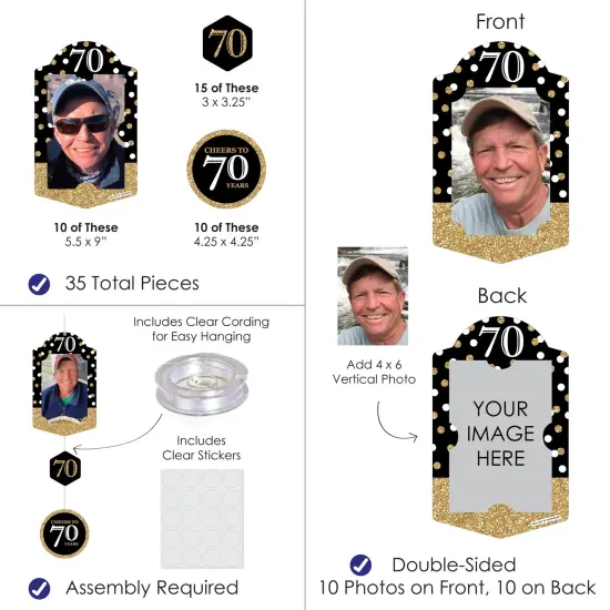 Big Dot of Happiness Adult 70th Birthday - Gold - Birthday Party Vertical Photo Garland 35 Pieces {4}