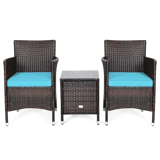 3 Pieces Patio Wicker Rattan Furniture Set with Steel Frame and Polyester Cushions Navy {7}