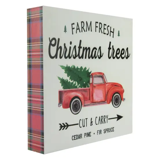 Northlight Farm Fresh Christmas Trees and Truck Wooden Wall Sign with Plaid Trim - 8" Red {4}
