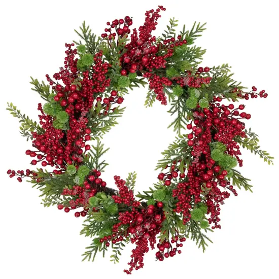 Northlight Artificial Frosted Red Berry and Pine Christmas Wreath, 28-Inch, Unlit Green {1}