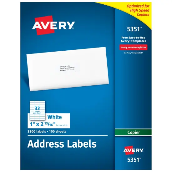 Avery Address Labels for Copiers, 1" x 2-13/16", 3,300 White Labels (5351) {1}
