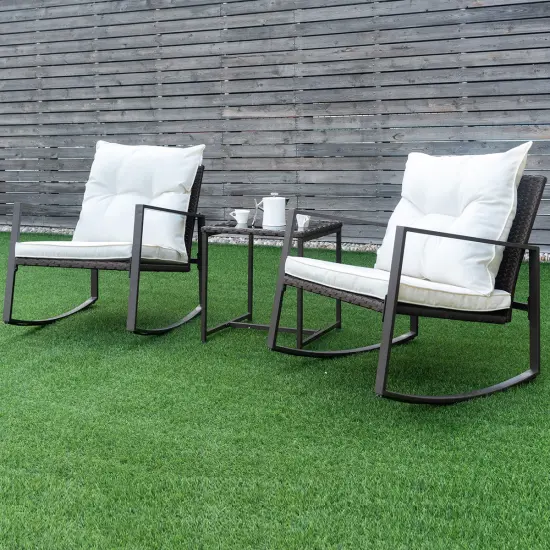 Costway 3-Piece Patio Wicker Bistro Furniture Set w/ 2 Rocking Chairs, Glass Side Table, Cushions Red/Beige {8}