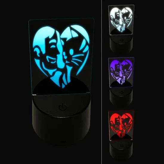Man with Cat Kitten Pet in Heart 3D Illusion LED Night Light Sign Nightstand Desk Lamp {1}