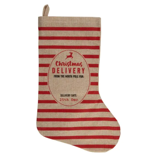 Northlight 19" Beige and Red Striped "Christmas Delivery" Stocking With Loop {1}