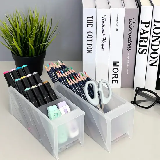 Wrapables Pen Organizer with 4 Compartments Desk Storage Organizer for Home, Office, Work Large (2pcs) / Clear {5}