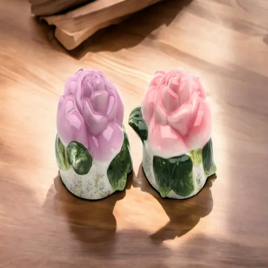 Hand Painted Ceramic Pink And Purple Rose Flower Salt & Pepper Shakers, Home D&eacute;cor, Gift for Her, Gift for Mom, Kitchen D&eacute;cor {2}