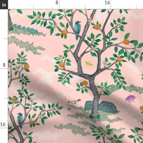 Various Fabrics by the Yard or Fat Quarter Chinoiserie Pink Botanical Nature Oranges Lemons Birds Custom Printed Fabric by Spoonflower {2}