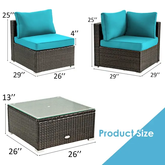 5 Pieces Cushioned Patio Rattan Furniture Set with Glass Table Turquoise {5}