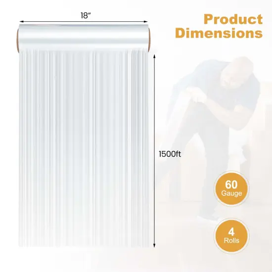 Costway 4/8/12/16 Rolls Stretch Film Heavy Duty Shrink Wrap 60 Gauge Clear Plastic Wrap Film {3}