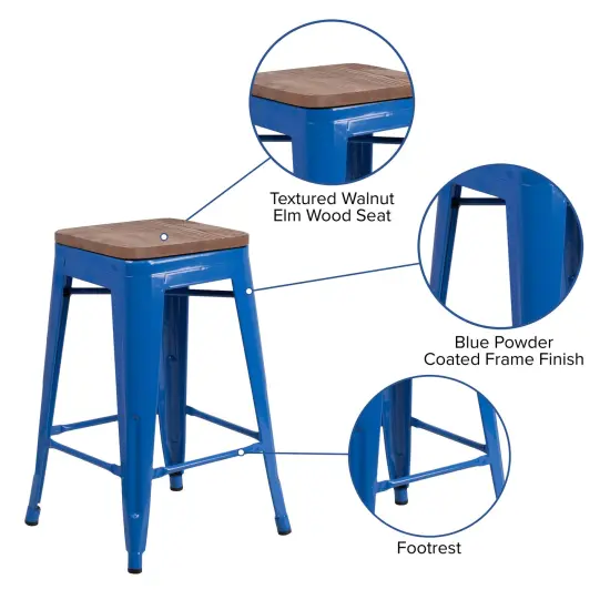Merrick Lane Dalton Series Backless Metal Dining Stool with Wooden Seat for Indoor Use Blue {4}