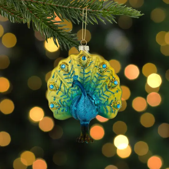 Northlight Standing Glittered Peacock Glass Christmas Ornament - 4.75"- Yellow and Blue {3}