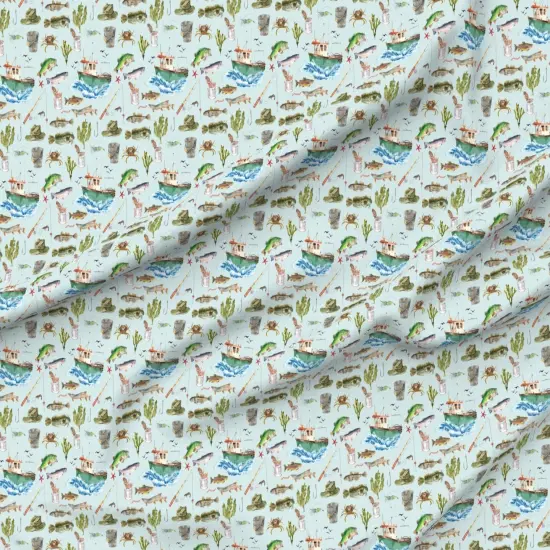 Various Fabrics by the Yard or Fat Quarter Watercolor Adventure Fish Boat Nautical Light Blue Custom Printed Fabric by Spoonflower {6}