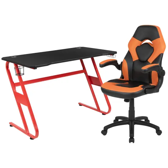 Emma and Oliver Gaming Desk and Racing Chair Set with Cup Holder and Headphone Hook Orange {1}