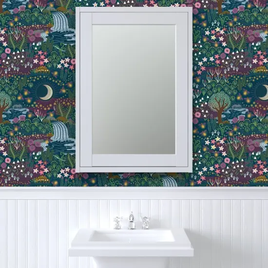 Pre-Pasted Wallpaper 2FT Wide Magical Garden Woodland Floral Whimsical Night Botanical Fireflies Moon Jewel Tone Custom Pre-pasted Wallpaper by Spoonflower {6}