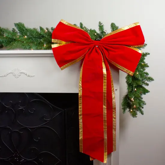 Northlight Velveteen 4-Loop Christmas Bow Decoration - 24" x 38" - Red and Gold {3}