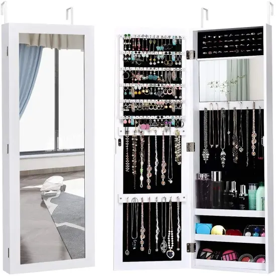 Full Length Mirror Jewelry Cabinet with Ring Slots and Necklace Hooks White {1}