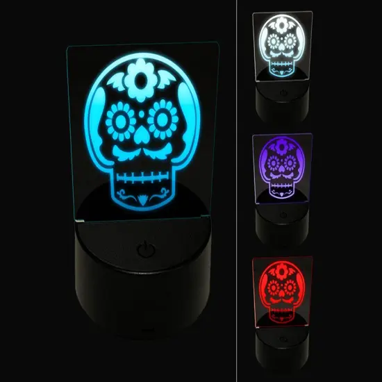 Mustache Floral Sugar Skull Dia De Los Muertos 3D Illusion LED Night Light Sign Nightstand Desk Lamp {1}