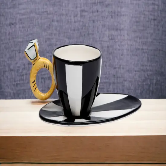 Ceramic Black And White Cup & Saucer with Diamond Ring, Gift for Her, Gift for Friend or Coworker, Tea Party D&eacute;cor, Wedding Decor {2}