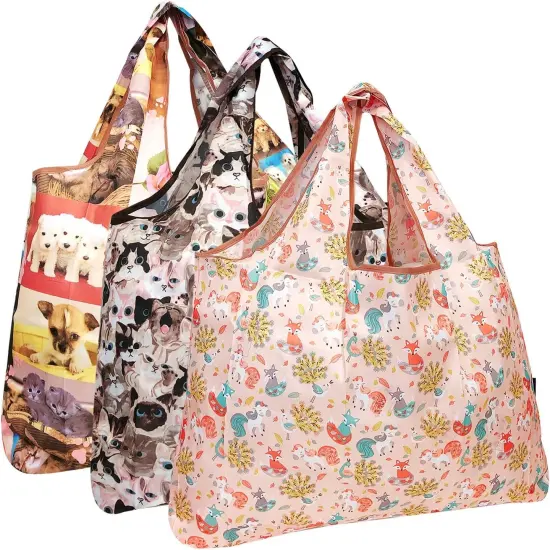Wrapables Large Foldable Tote Nylon Reusable Grocery Bag, 3 Pack Cuddly Critters {1}