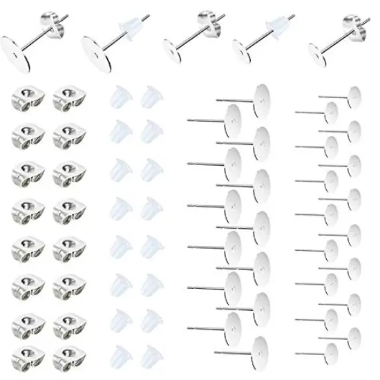 450 Pieces Earring Posts Stainless Steel Flat Pad,Hypoallergenic Stud Earrings with Butterfly and Rubber Bullet Earring Backs for Jewelry DIY Making Findings (Silver) (Silver) {1}