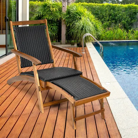 CostwayPatio Folding Rattan Lounge Chair Wooden Frame W/ Retractable Footrest {1}