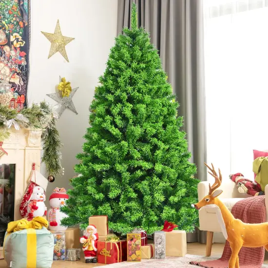 Costway 6.5ft Green Flocked Hinged Artificial Christmas Tree w/ Metal Stand Green {3}